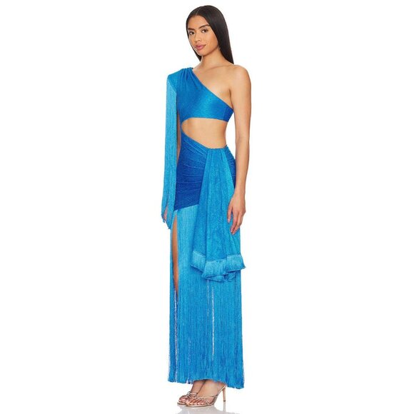 PatBO One Shoulder Fringe Maxi Dress in Cobalt Blue 2 New Womens Long Gown - Picture 3 of 16